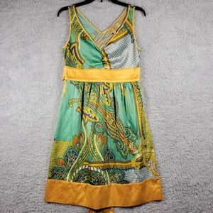 Womens Colorful Paisley Print V Neck Sleeveless Midi Dress With Tie Belt Medium